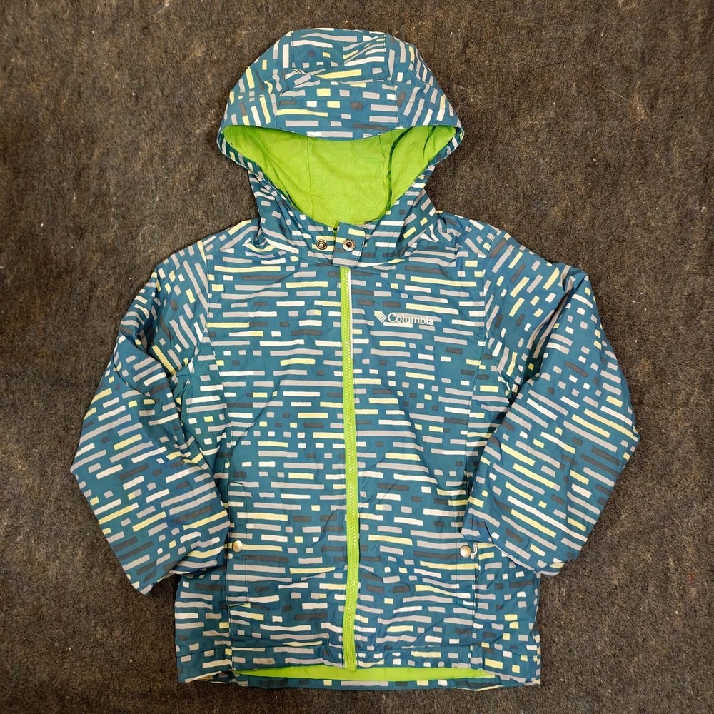 Columbia Kids Blue Green Geometric Print Hooded Ski Jacket Size XS Outgrown